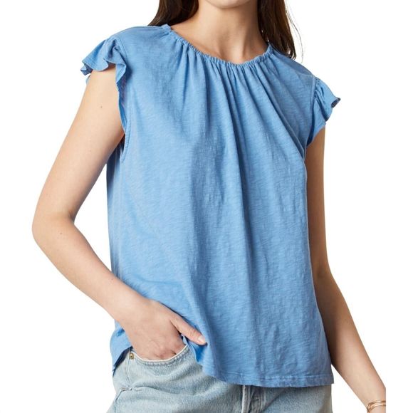 Velvet by Graham & Spencer Stacy Top XS Blue Vintage Slub Ruffle Flutter Sleeve - Picture 1 of 8